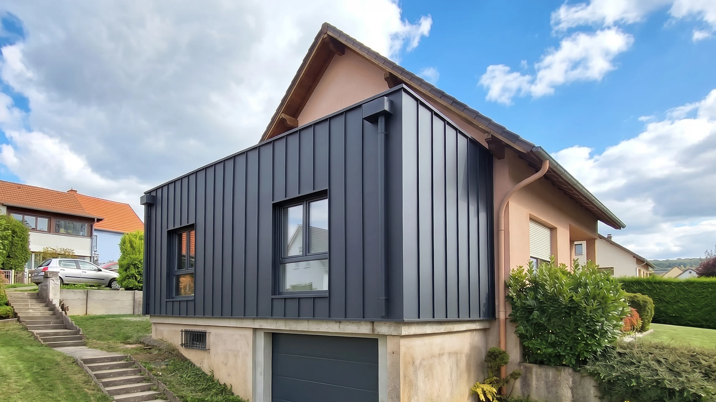 Verrière industrielle extérieure en acier thermolaqué anthracite, structure gothique avec arcs brisés